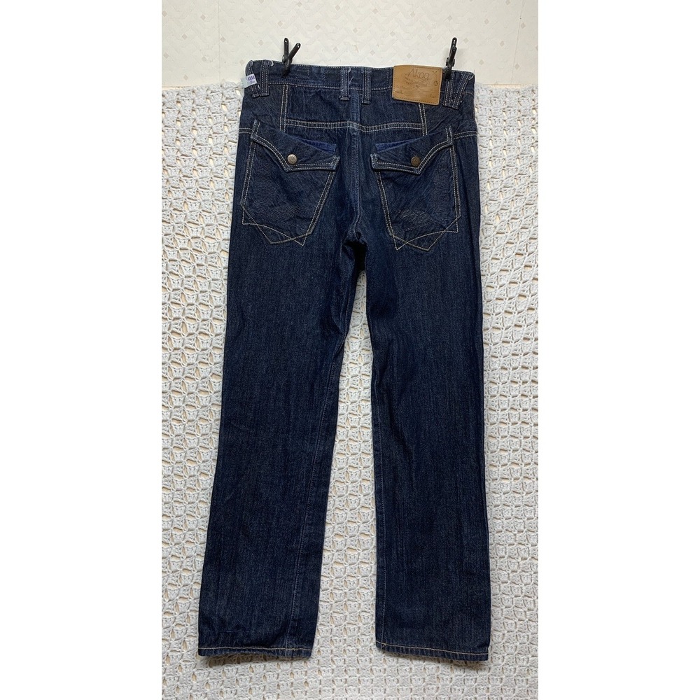 AKOO Jeans Mens Tag 34 Approx 32x32 Straight Leg Dark Wash Denim Flap Embroidery